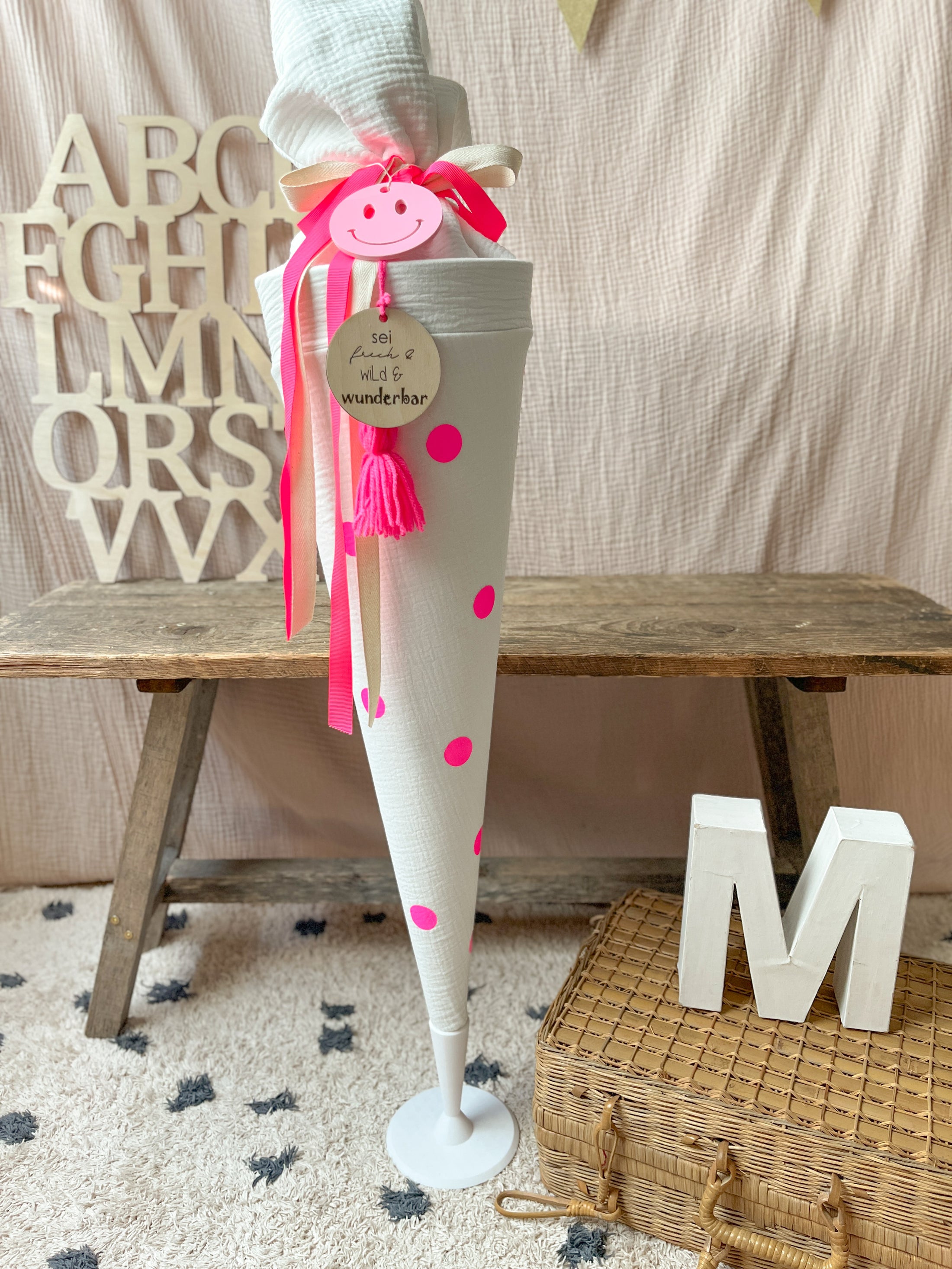 Schultüte Musselin NEON Punkte in Pink - Bunt