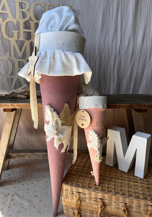 Schultüte PEGASUS Einhorn | Musselin Altmauve | Optional mit Name