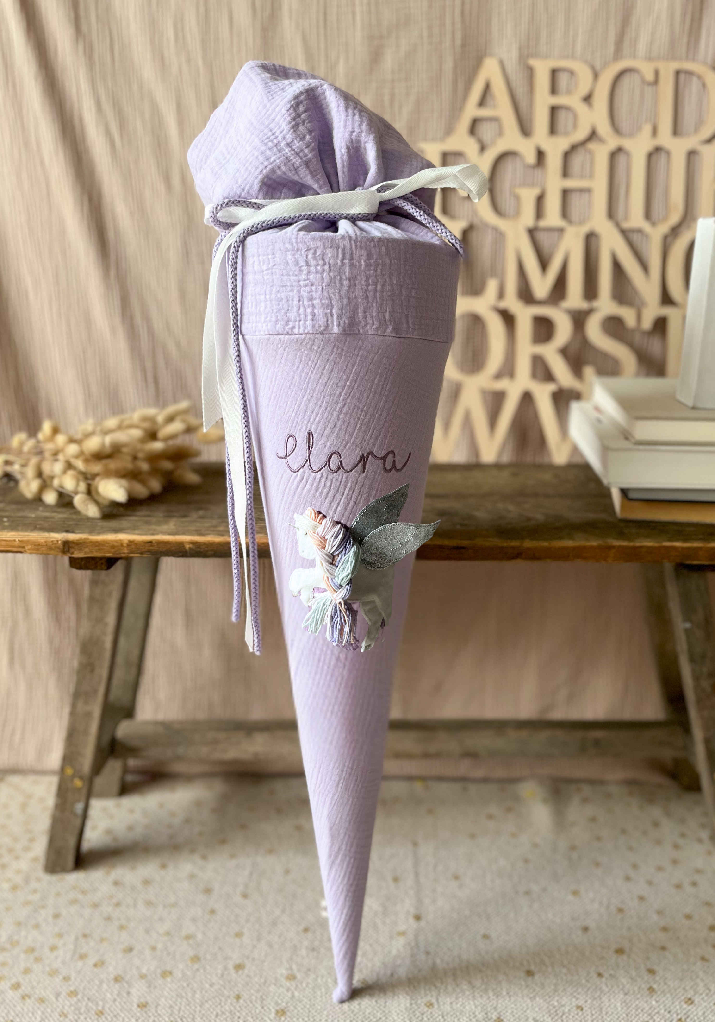 Schultüte PEGASUS Einhorn Musselin Flieder Pegasus in Silber