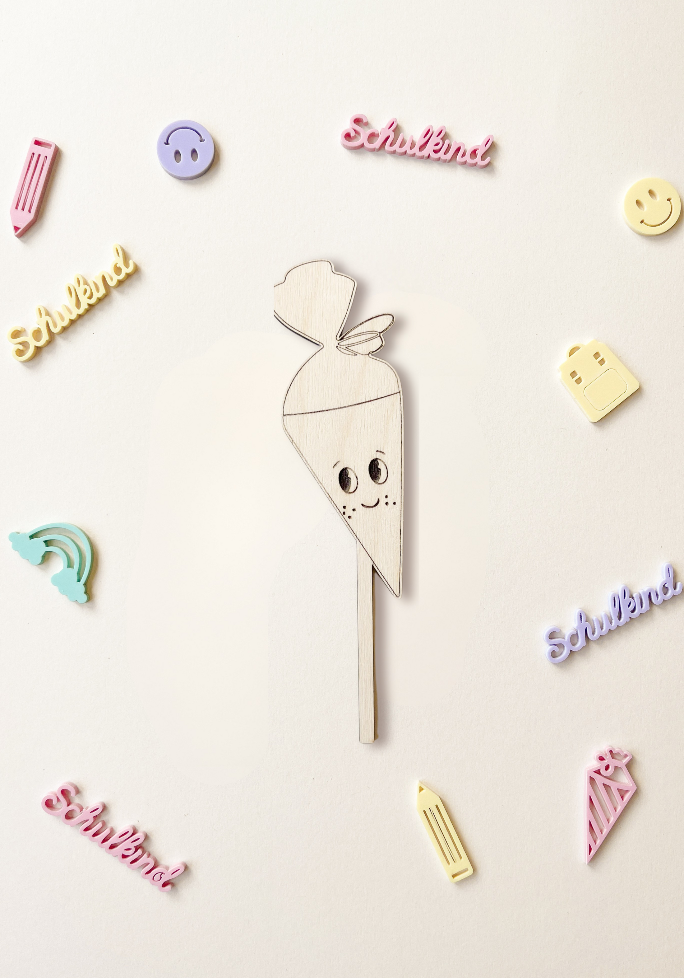 Motivstecker Schultüte Gesicht Smiley | Aus Holz | Tortendeko zur Einschulung