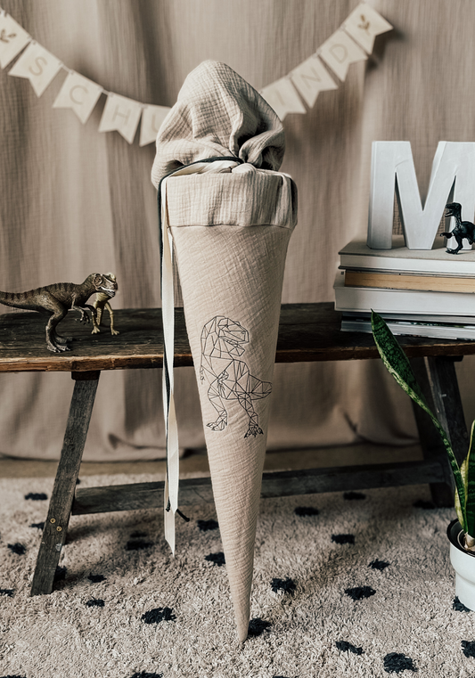 Schultüte DINO T-Rex Origami Schwarz | Musselin Beige | Optional mit Name