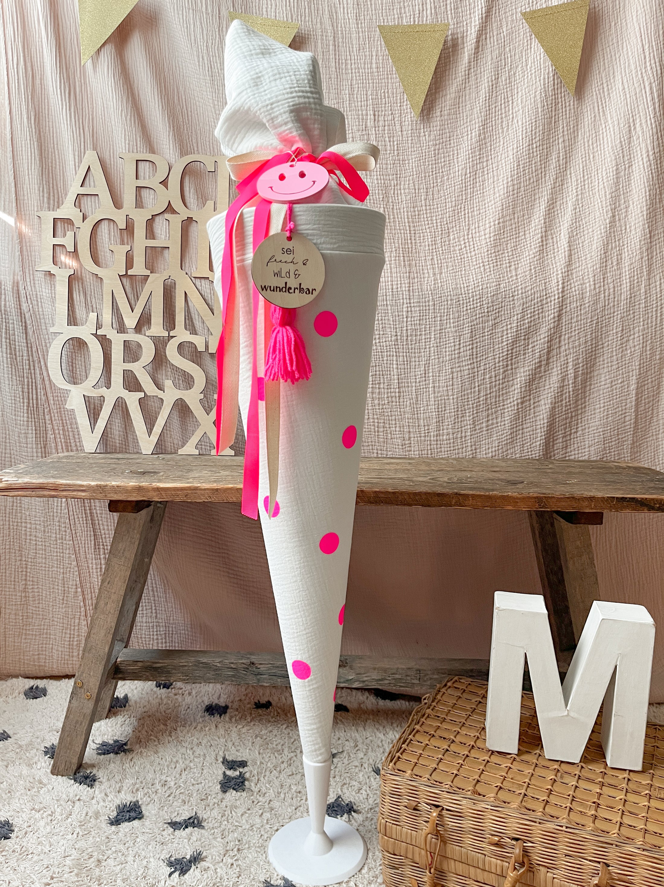 Schultüte Musselin NEON Punkte in Pink - Bunt