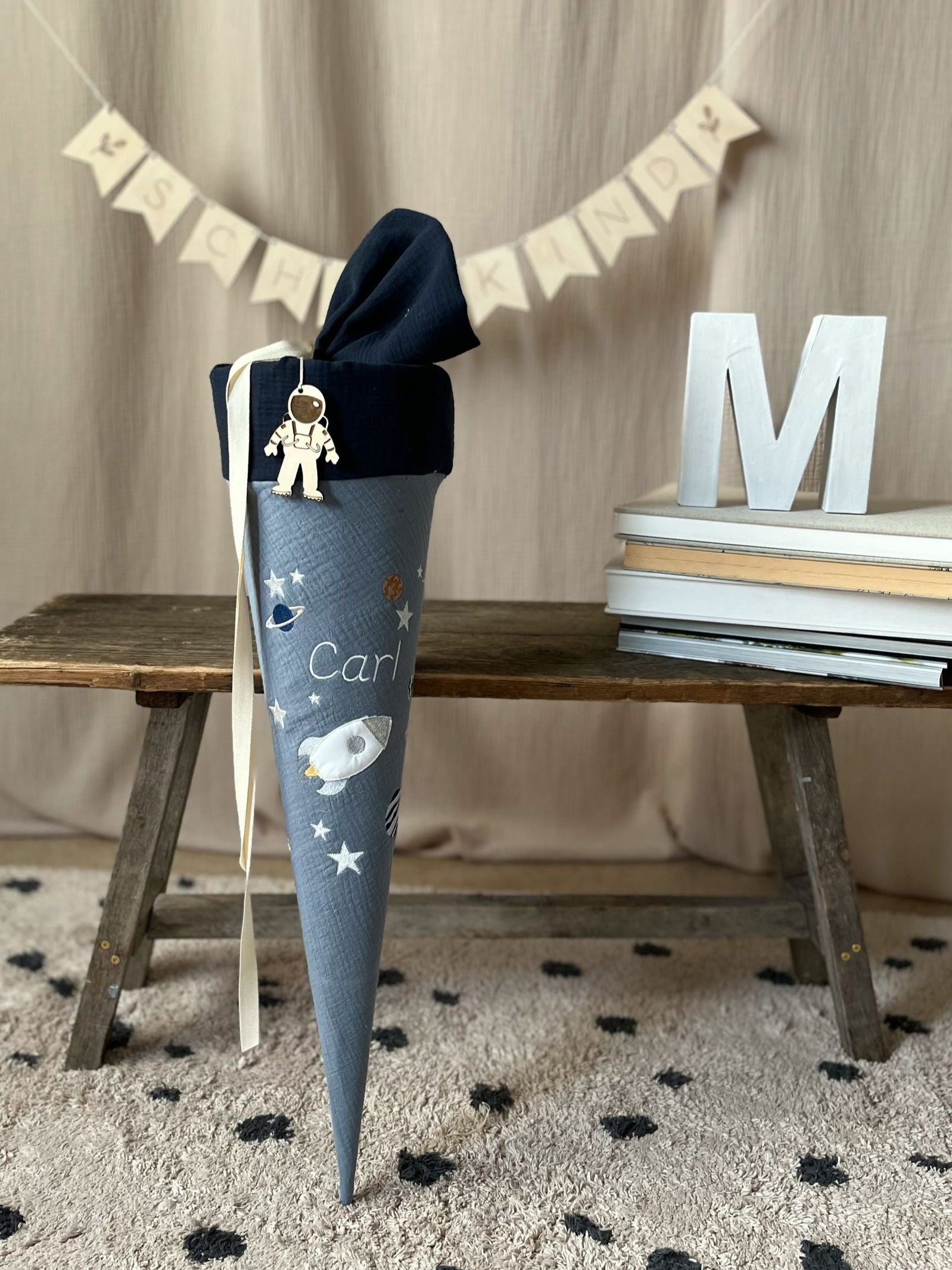 Schultüte WELTALL Weltraum Rakete | Musselin Graublau | Optional mit Name