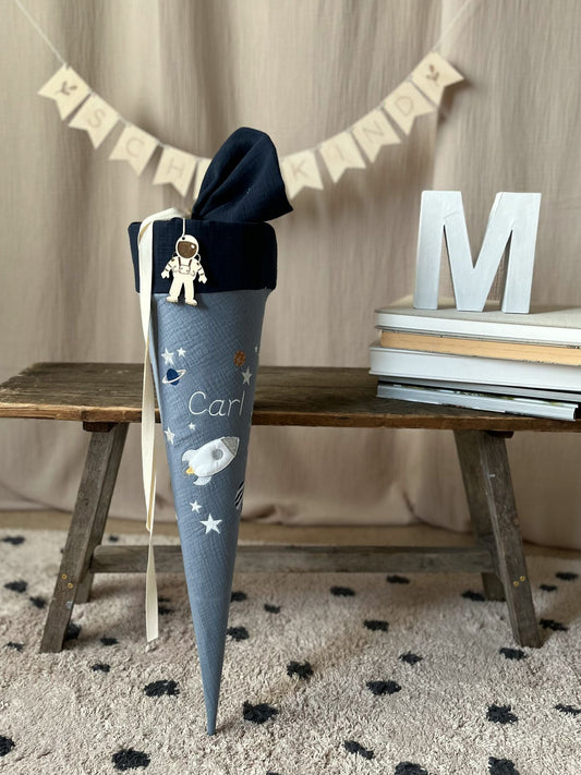 Schultüte WELTALL Weltraum Rakete | Musselin Graublau | Optional mit Name