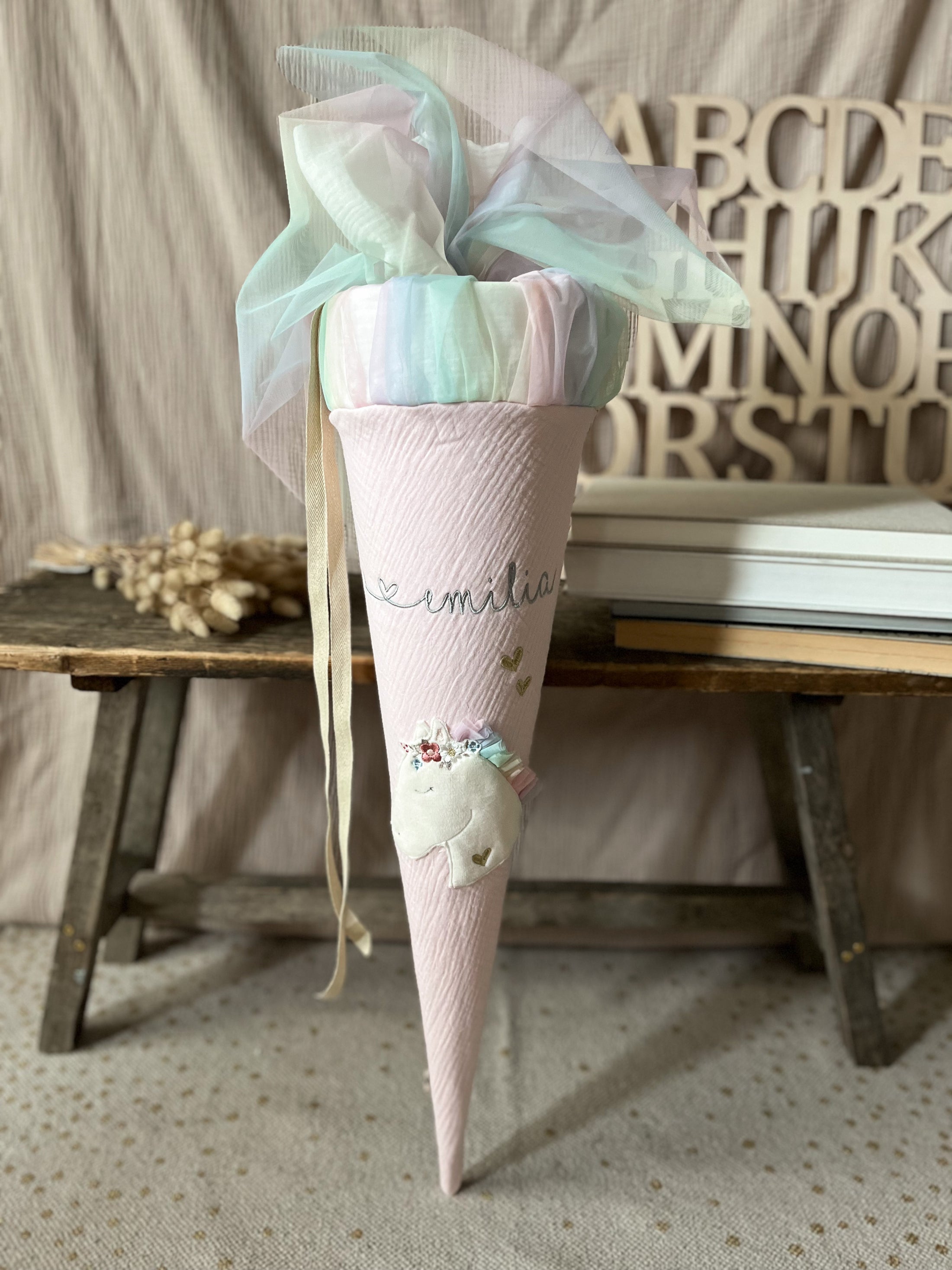 Schultüte BOHO PONY Pferdekopf | Musselin Hellrosa | Name optional wählbar