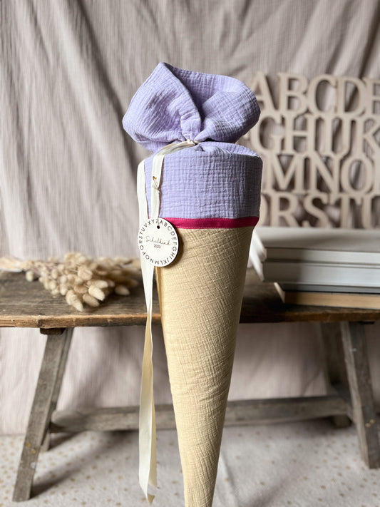 Schultüte Musselin Colourblocking Hellgelb / Flieder