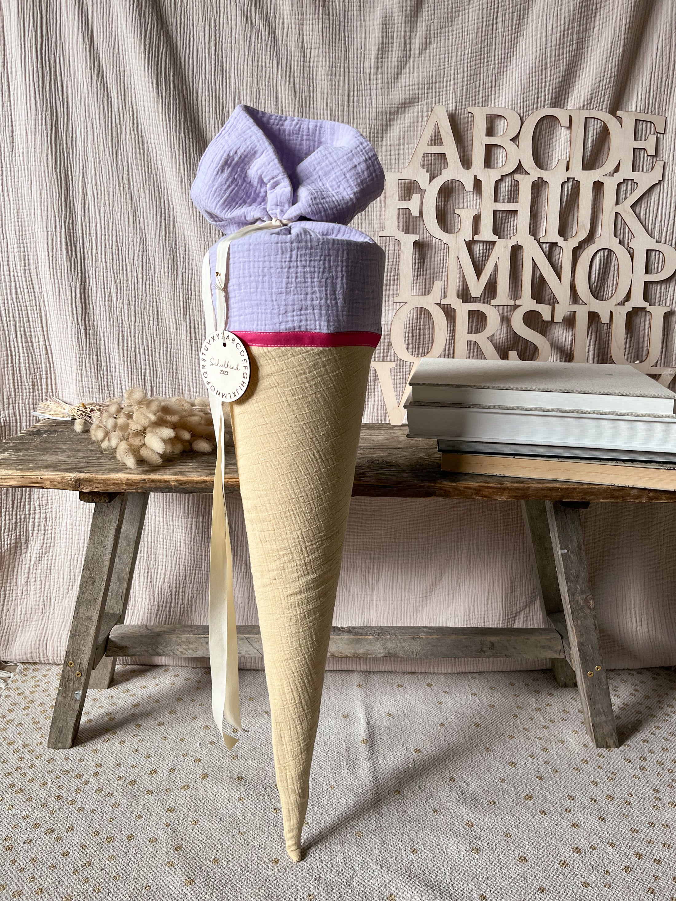 Schultüte Musselin Colourblocking Hellgelb / Flieder