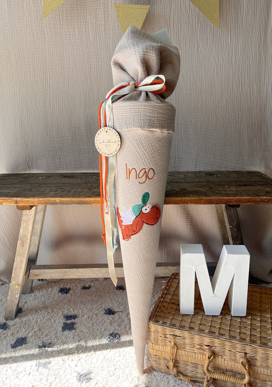 Schultüte KLEINER DRACHE KOKOSNUSS | Musselin in freier Farbwahl | optional mit Namensstickerei