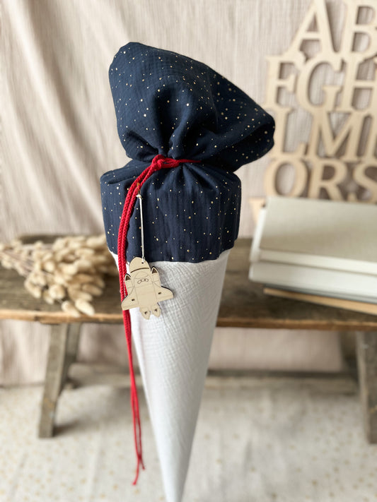 Schultüte Musselin Hellgrau mit Anthrazit und goldenen Punkten