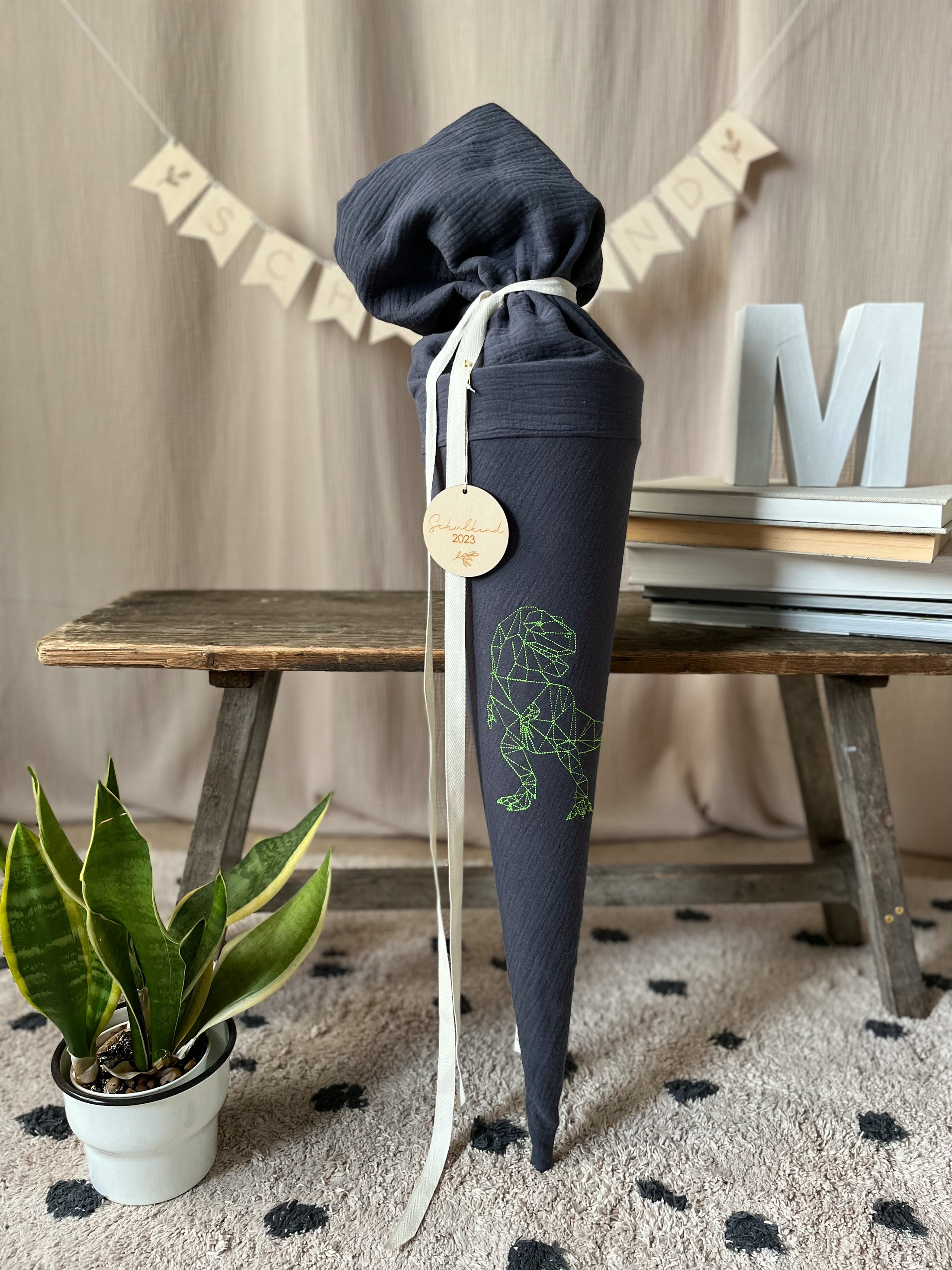 Schultüte DINO T-Rex Origami Neongrün | Musselin Anthrazit | Optional mit Name