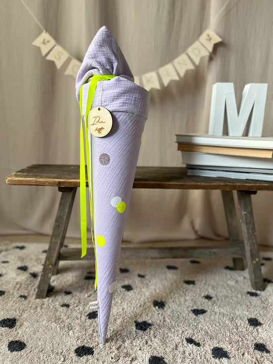 Schultüte Musselin NEON Punkte in Gelb