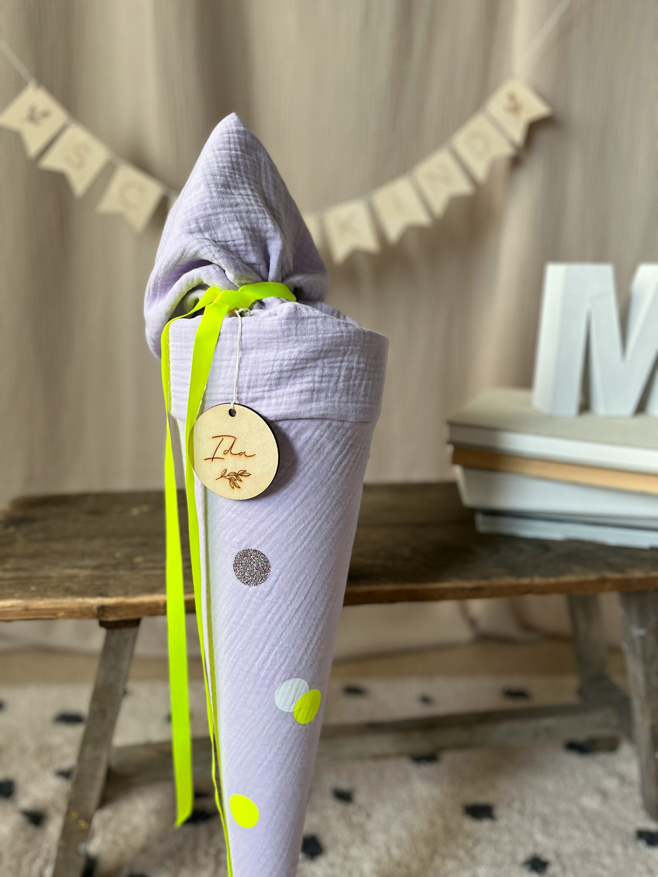 Schultüte Musselin NEON Punkte in Gelb