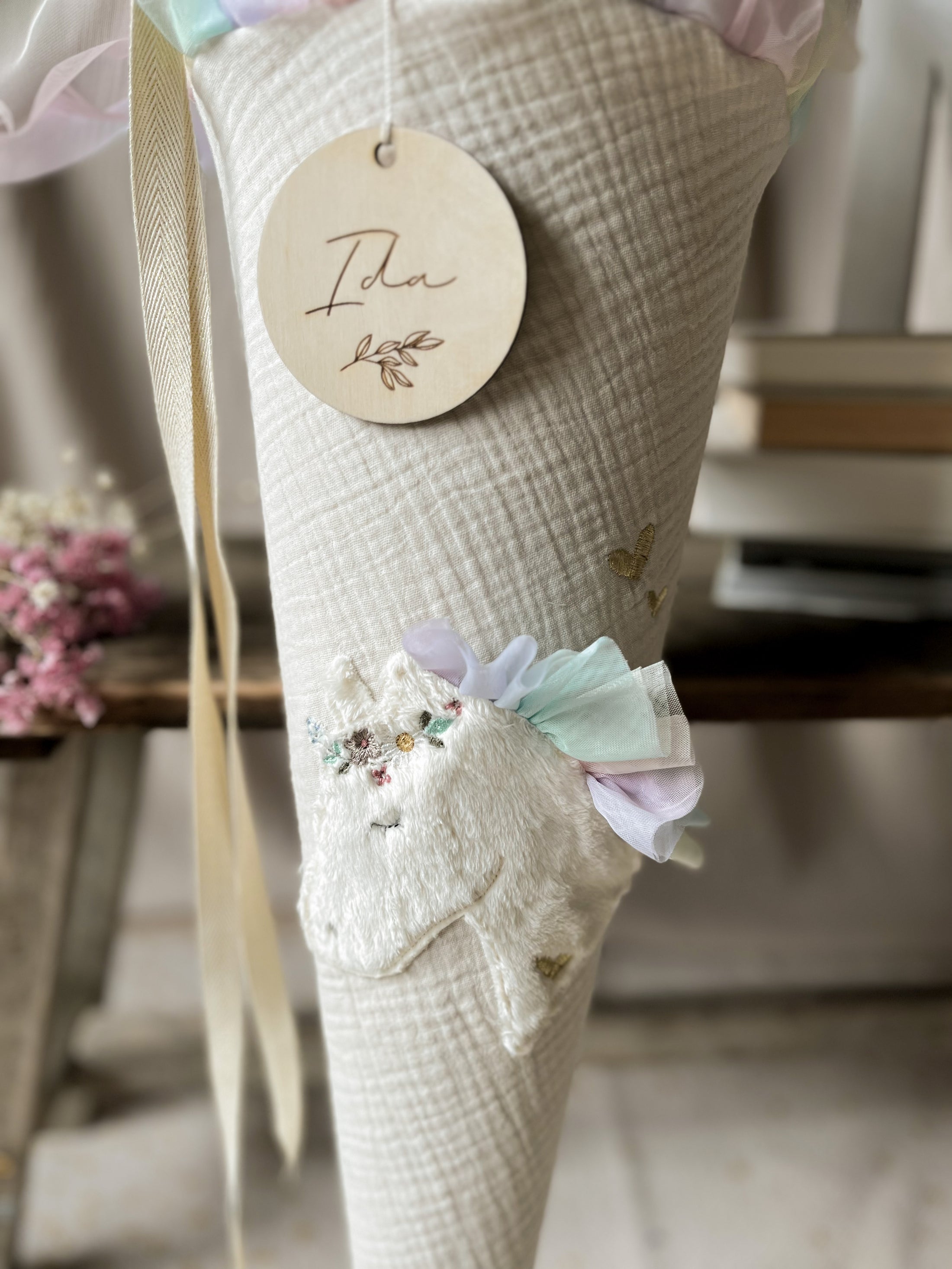 Schultüte BOHO PONY Pferdekopf | Musselin Natur | Name optional wählbar