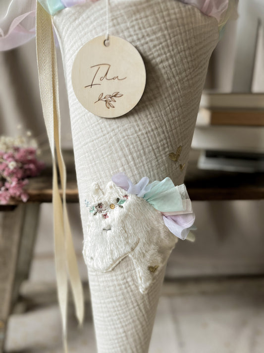 Schultüte BOHO PONY Pferdekopf | Musselin Natur | Name optional wählbar