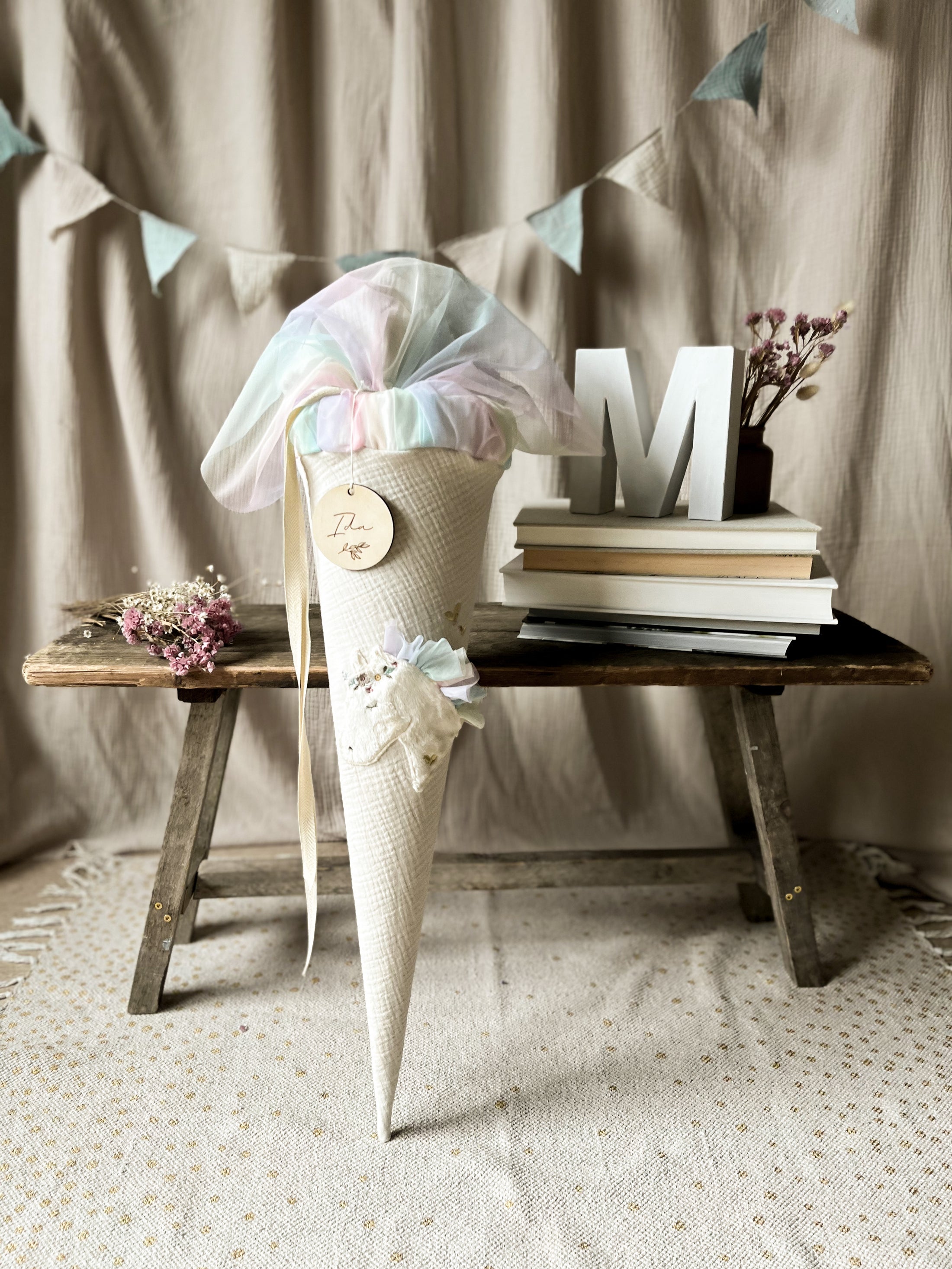 Schultüte BOHO PONY Pferdekopf | Musselin Natur | Name optional wählbar