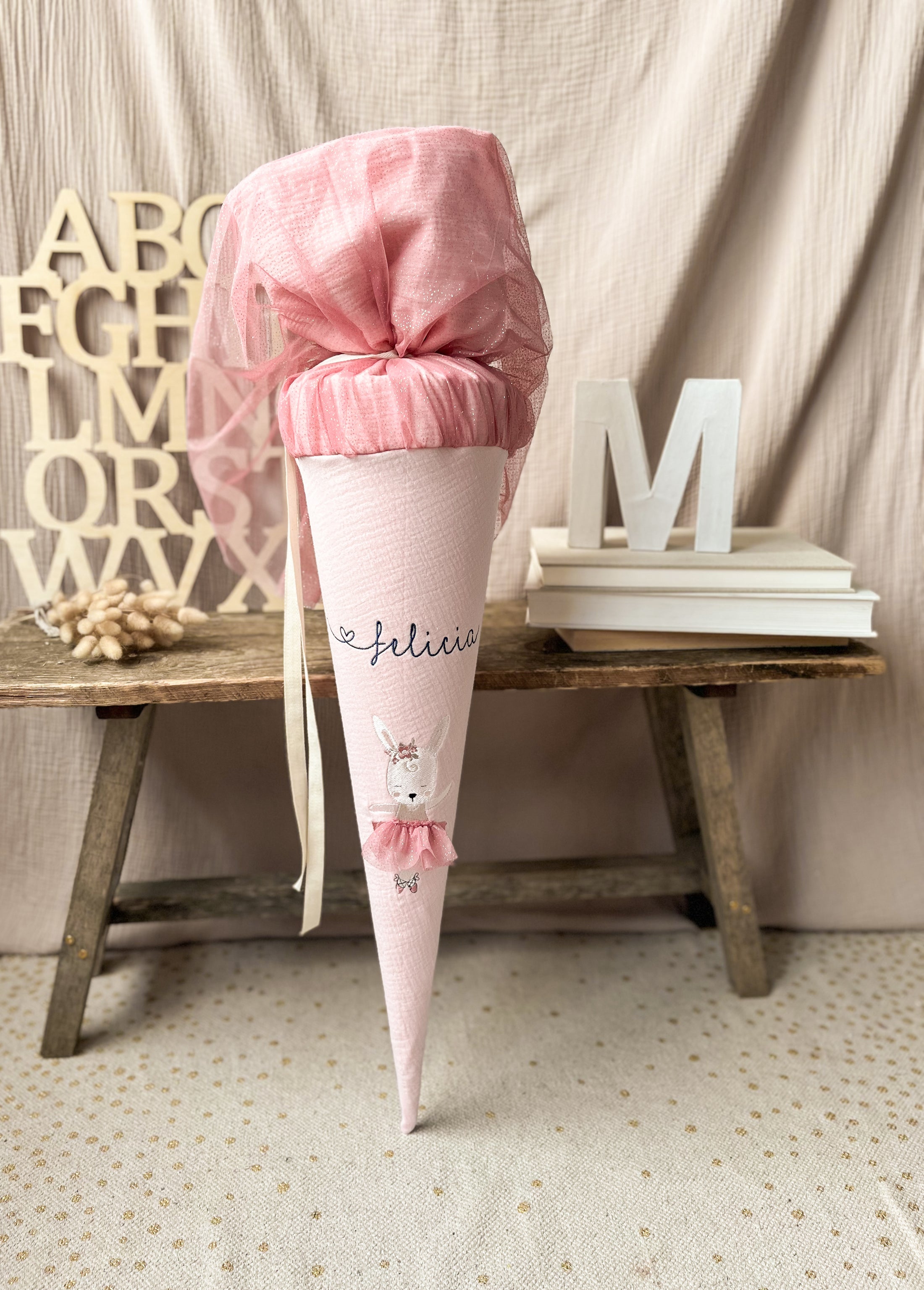 Schultüte Ballerina HASE | Musselin hellrosa | optional mit Name