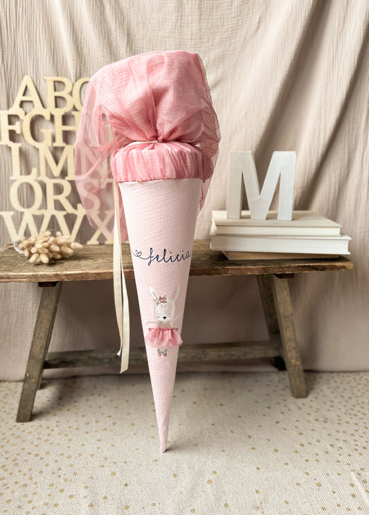 Schultüte Ballerina HASE | Musselin hellrosa | optional mit Name