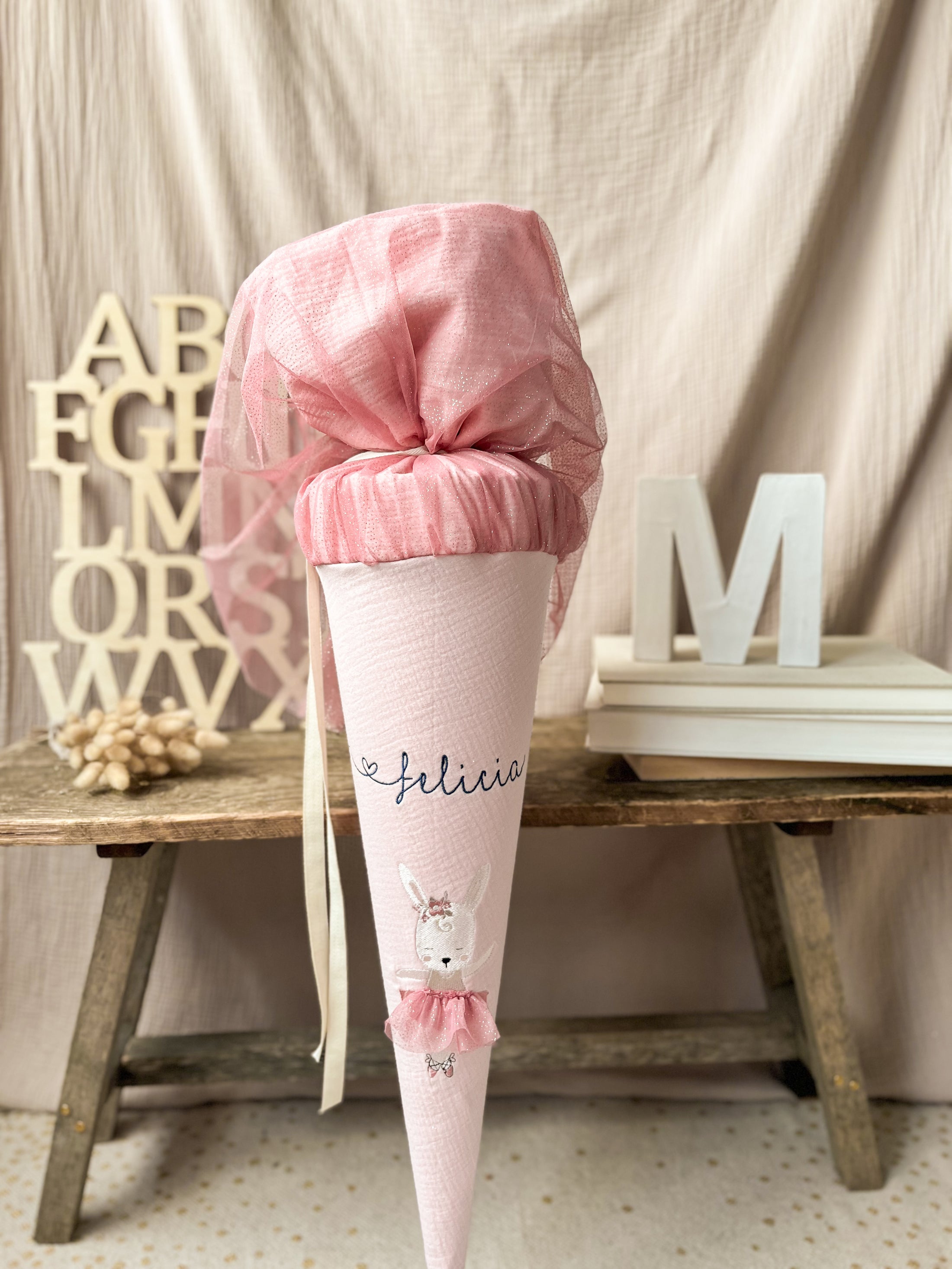 Schultüte Ballerina HASE | Musselin hellrosa | optional mit Name