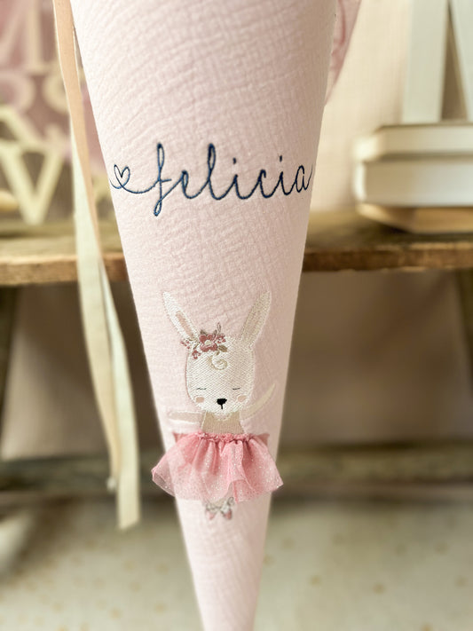 Schultüte Ballerina HASE | Musselin hellrosa | optional mit Name