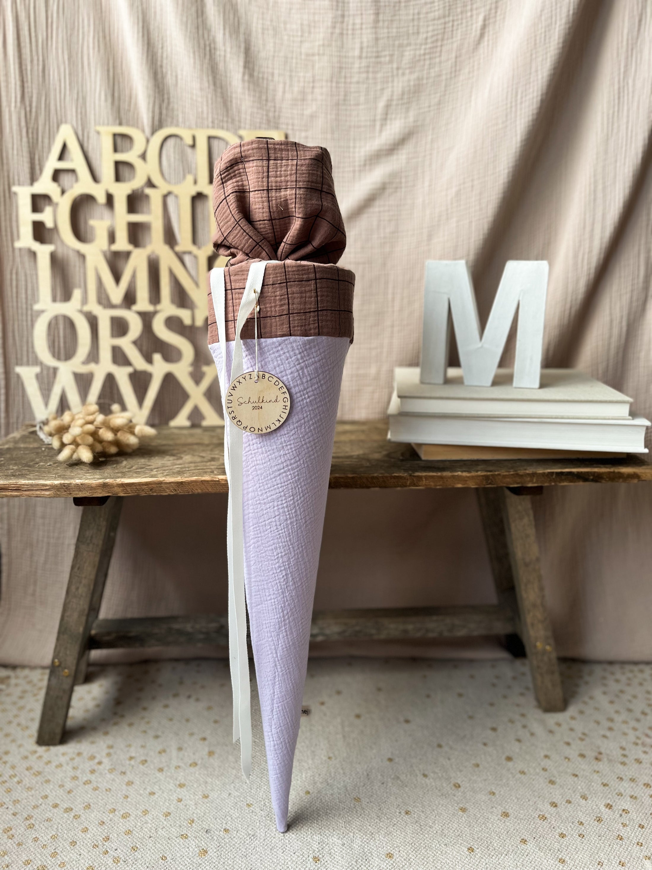 Schultüte Musselin Colourblocking - Flieder - Karo Braun