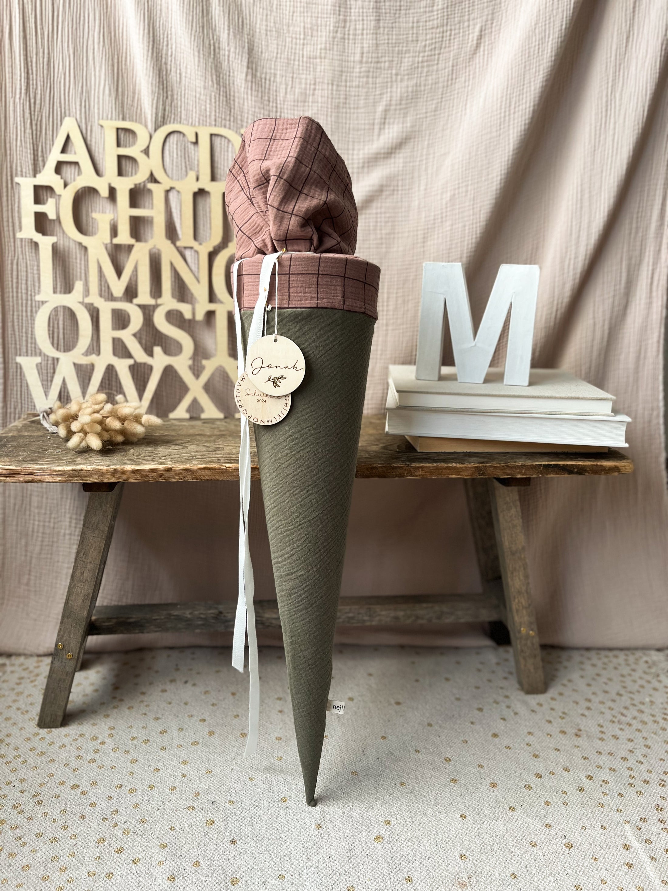 Schultüte Musselin Colourblocking - Khaki - Karo Braun