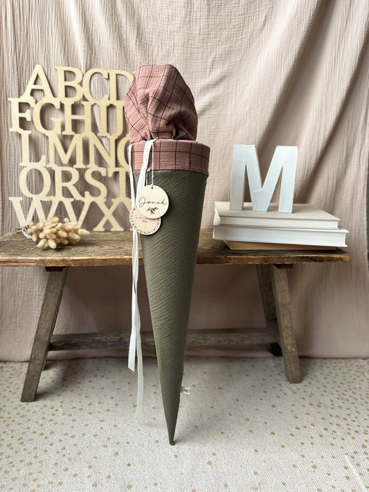 Schultüte Musselin Colourblocking - Khaki - Karo Braun