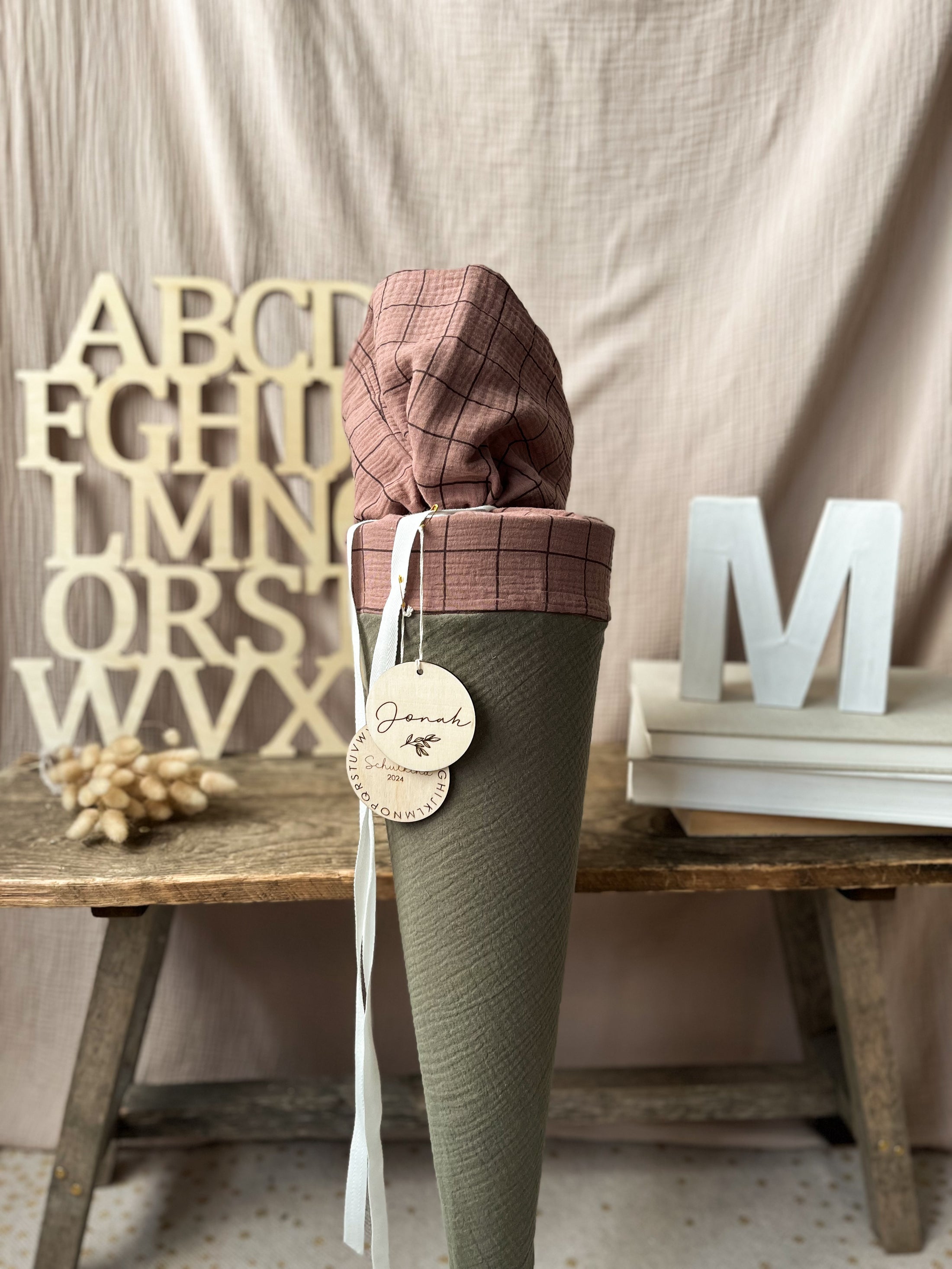 Schultüte Musselin Colourblocking - Khaki - Karo Braun