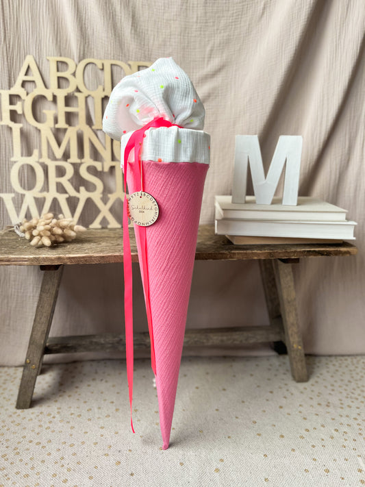 Schultüte Musselin Colourblocking - Pink - Neon Punkte