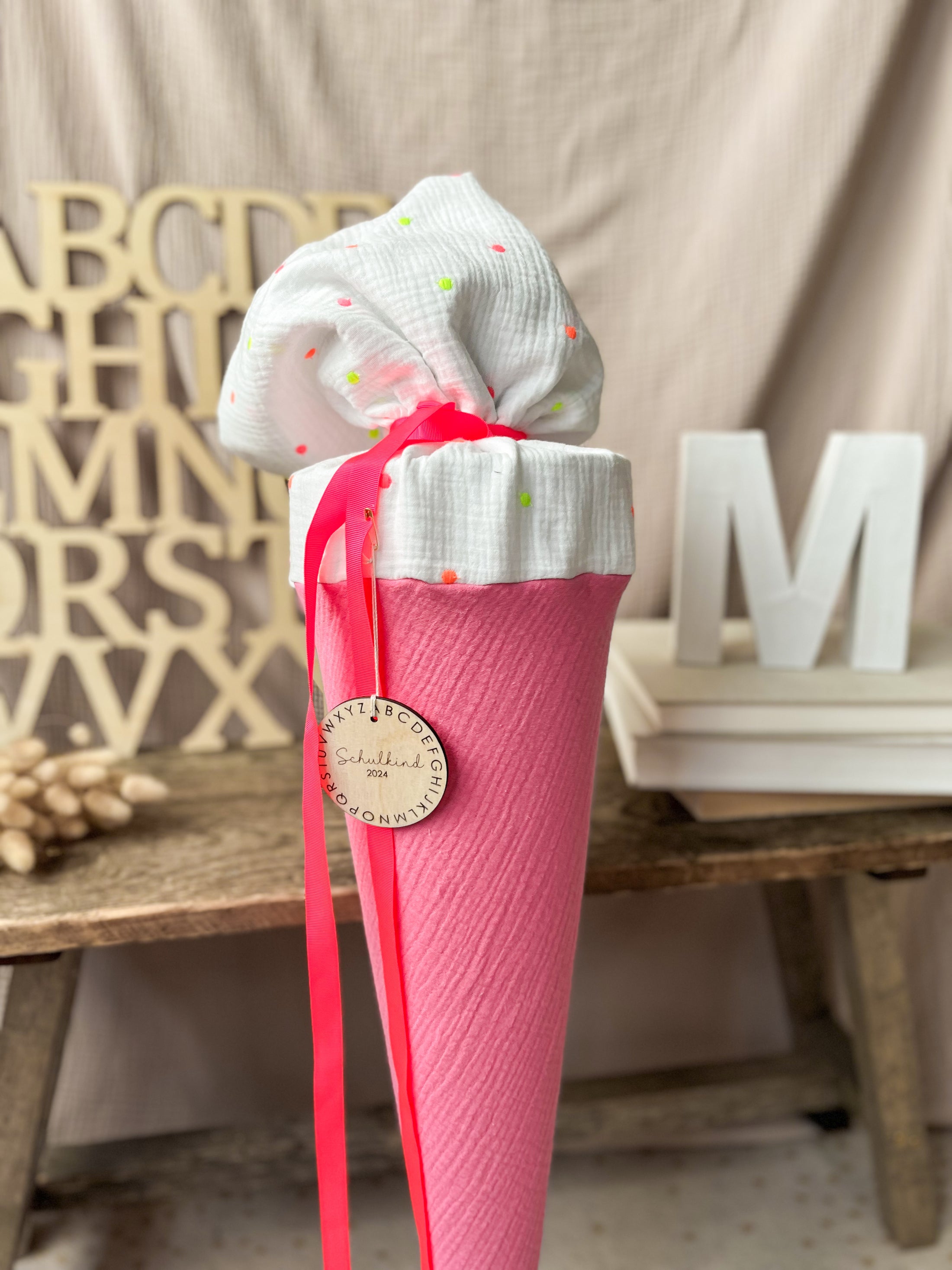 Schultüte Musselin Colourblocking - Pink - Neon Punkte