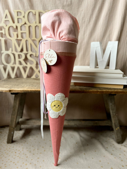 Schultüte Daisy Blume aus Kuschelfell | Musselin Koralle & Nuderosa