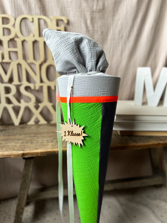 Schultüte Musselin Patchwork - Neon Grün - Schwarz gestreift - Hellgrau