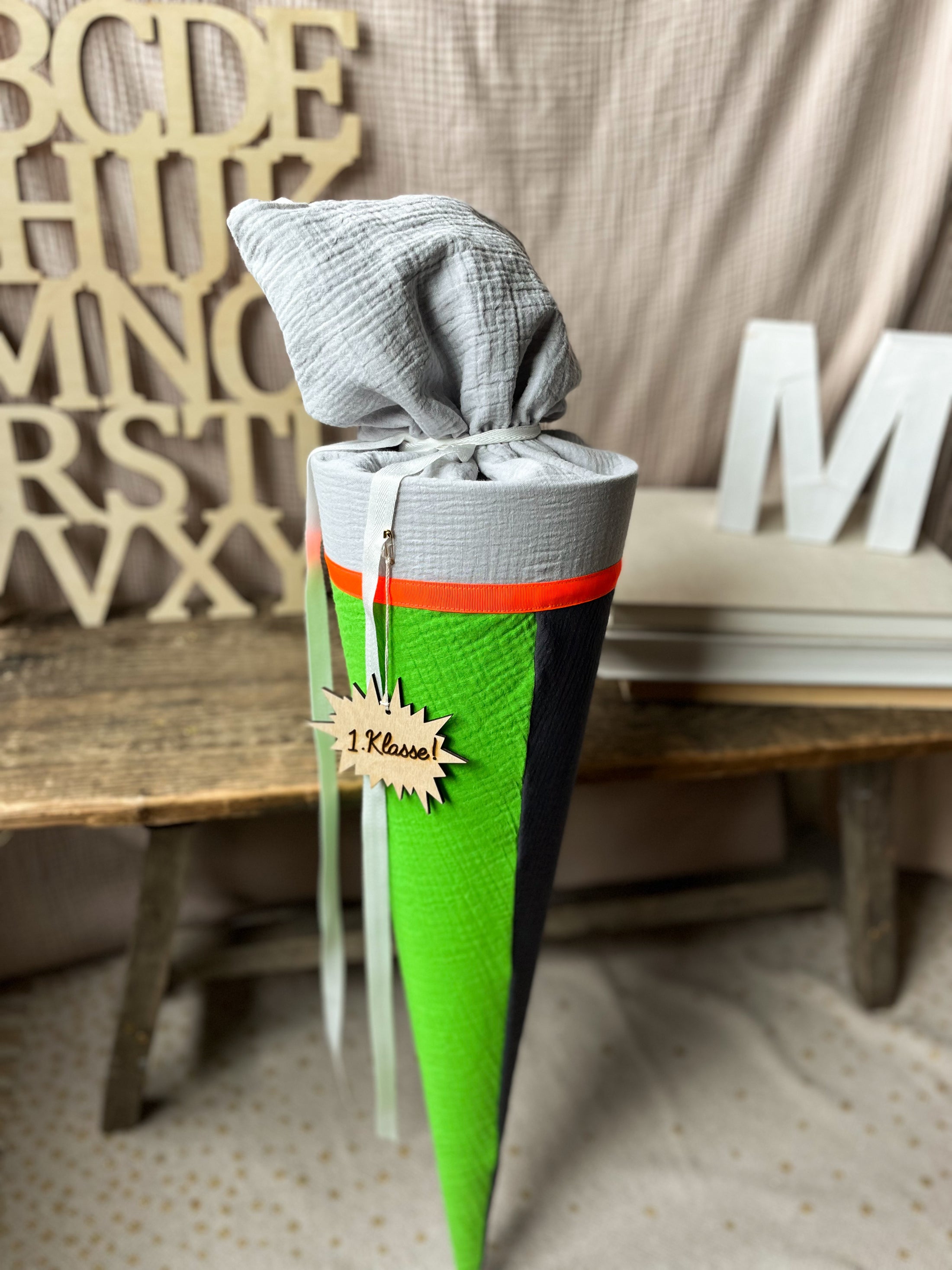 Schultüte Musselin Patchwork - Neon Grün - Schwarz gestreift - Hellgrau
