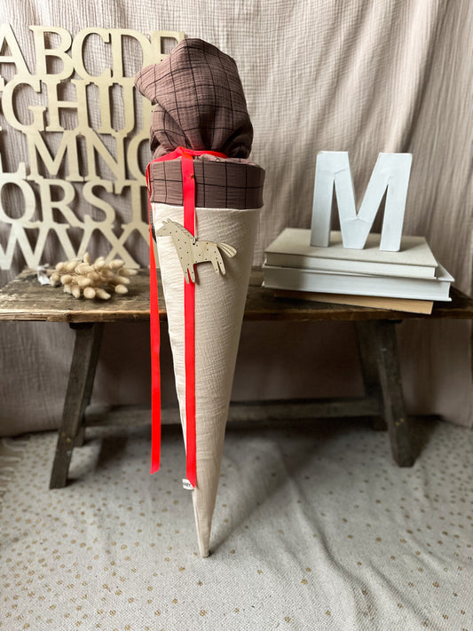 Schultüte Musselin  Natur - Karo Braun