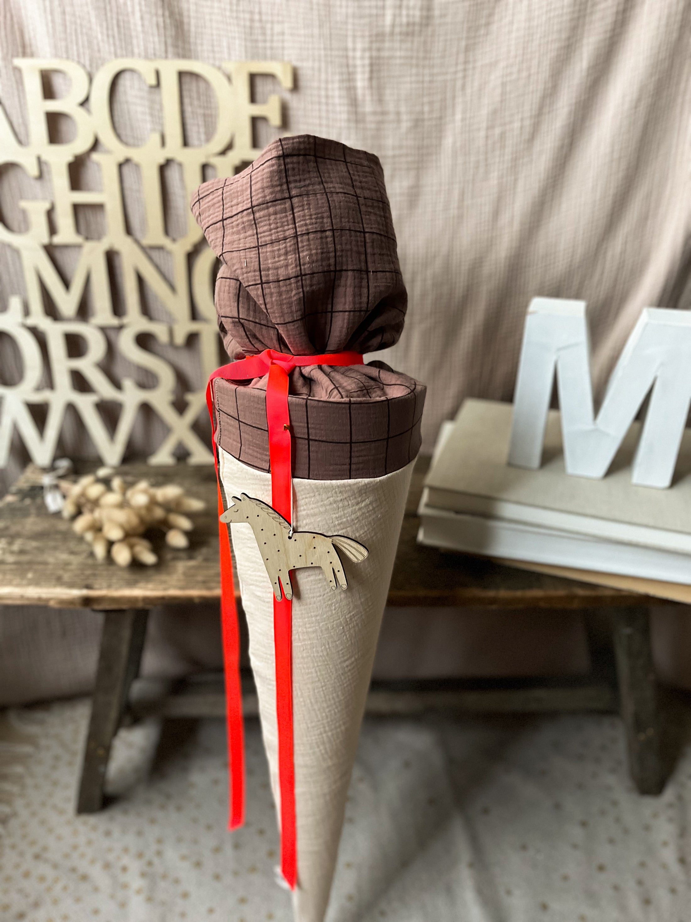 Schultüte Musselin  Natur - Karo Braun