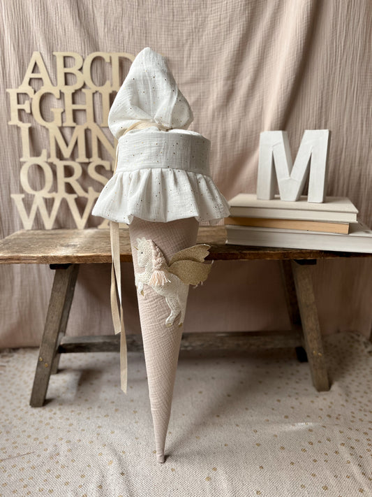 Schultüte PEGASUS Einhorn | Musselin Natur | Pegasus mit Gold | Optional mit Namen