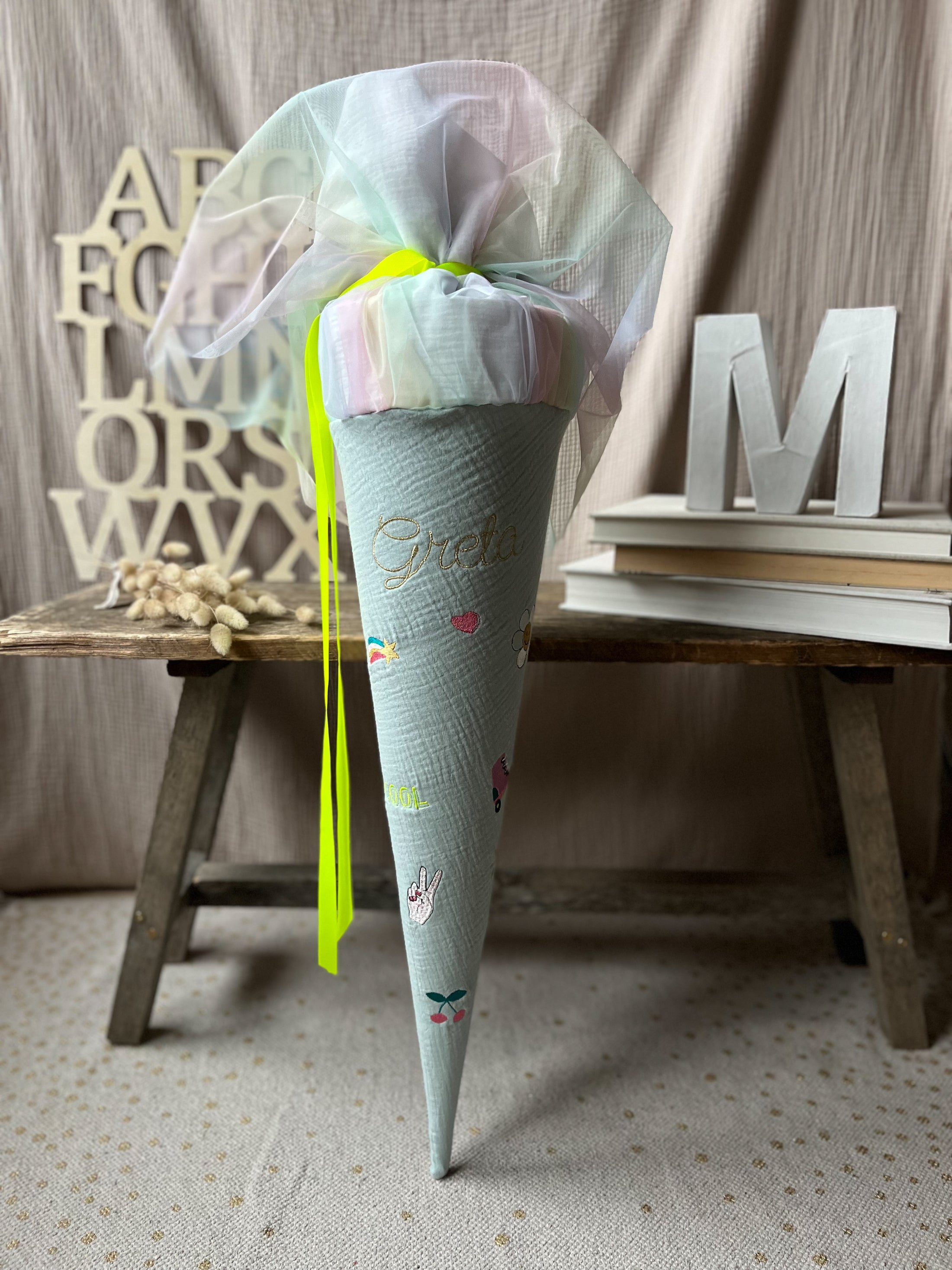 Schultüte MINI MOTIVE Girl Power | Musselin Altmint | Optional mit Name