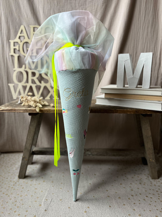 Schultüte MINI MOTIVE Girl Power | Musselin Altmint | Optional mit Name