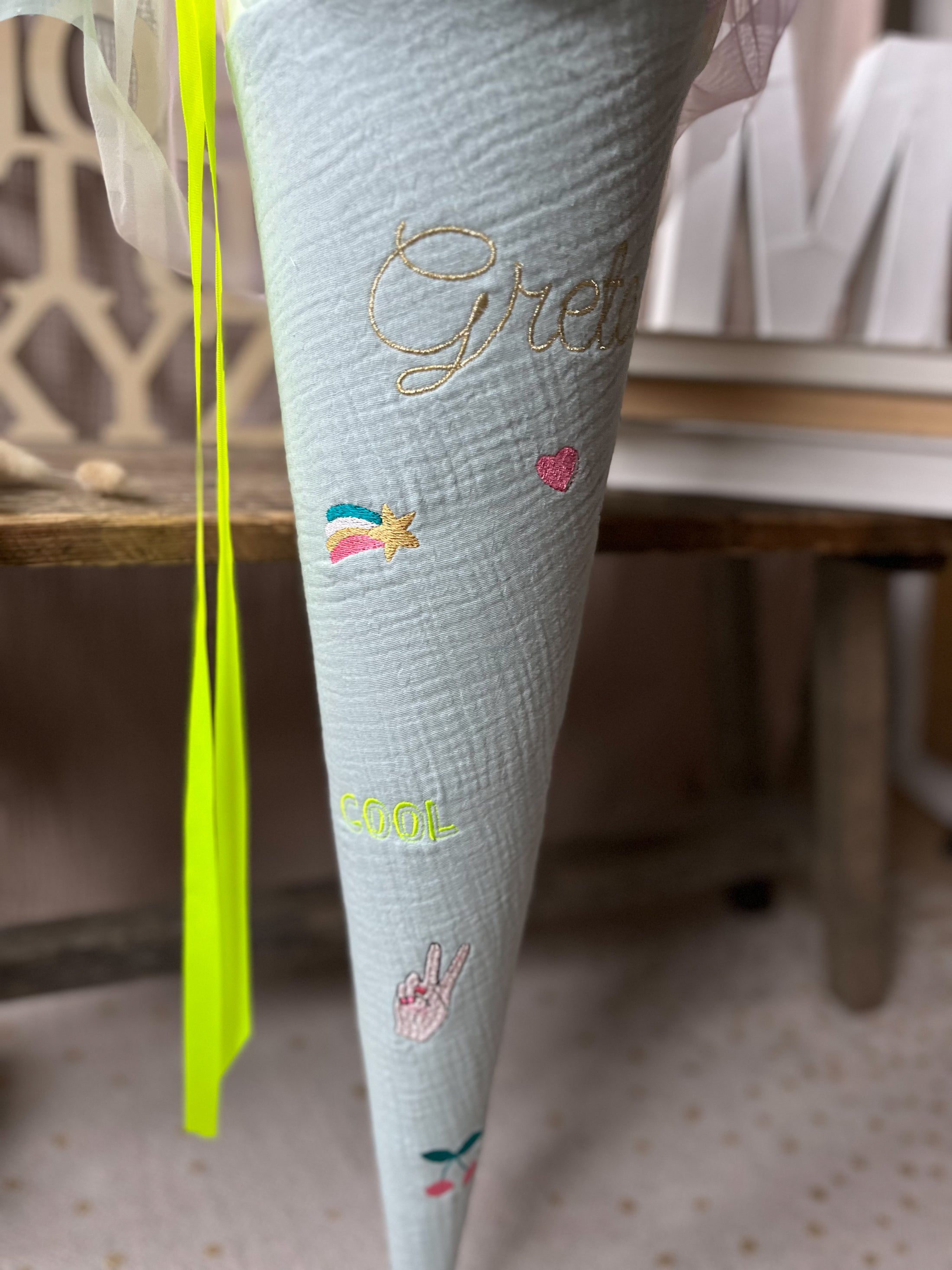 Schultüte MINI MOTIVE Girl Power | Musselin Altmint | Optional mit Name