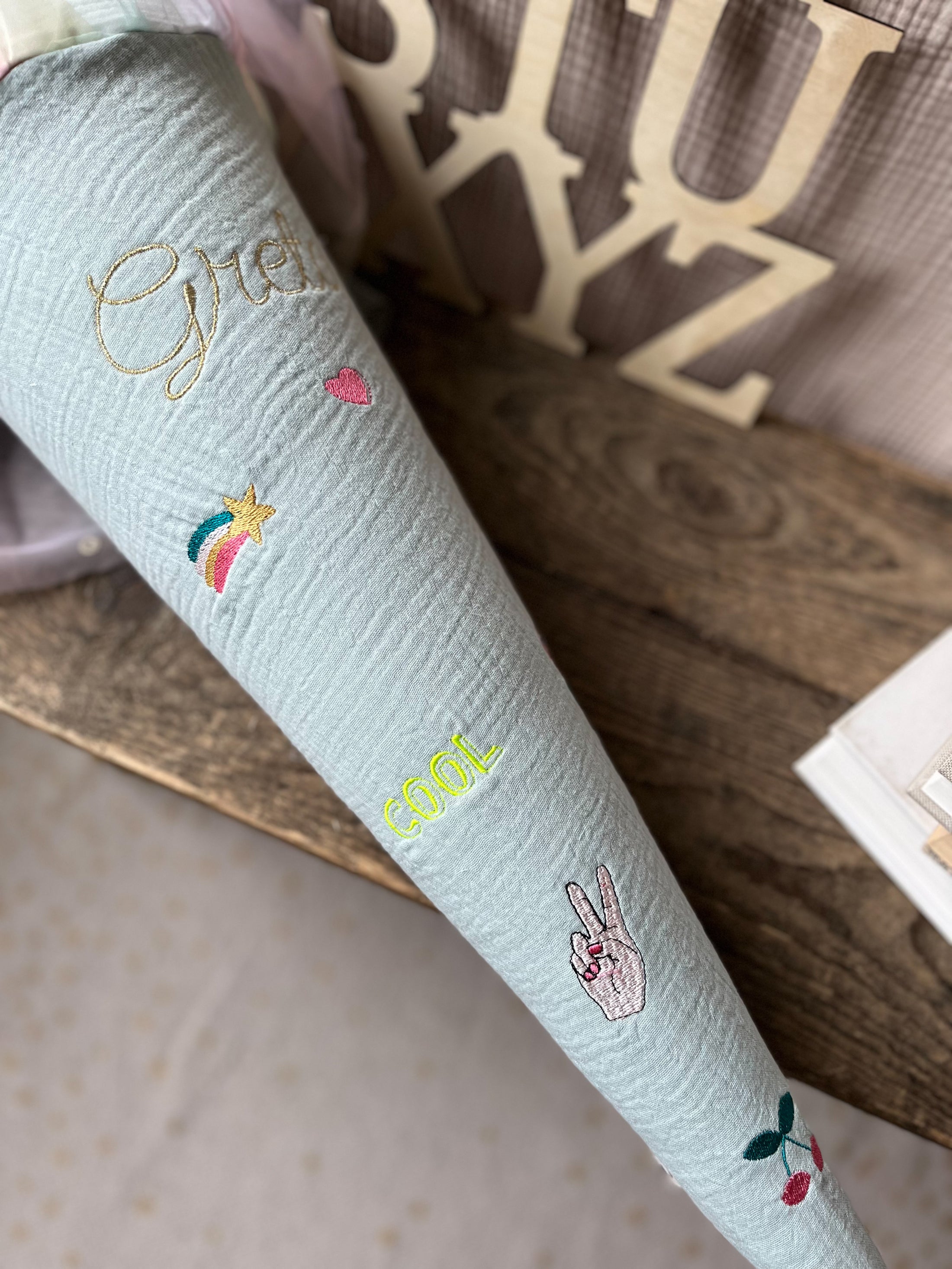 Schultüte MINI MOTIVE Girl Power | Musselin Altmint | Optional mit Name