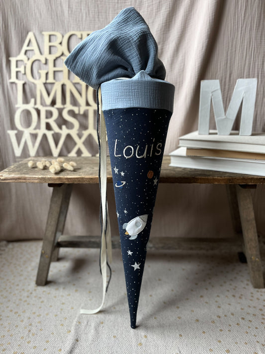 Schultüte WELTALL Weltraum Rakete | Musselin Dunkelblau Silber | Optional mit Name