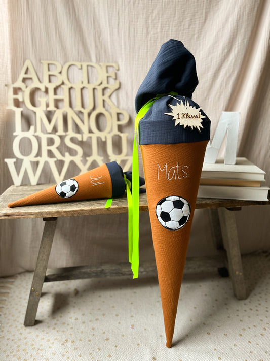 Schultüte Fußball | Musselin Zimt | 3D Fußball Applikation | Optional mit Name
