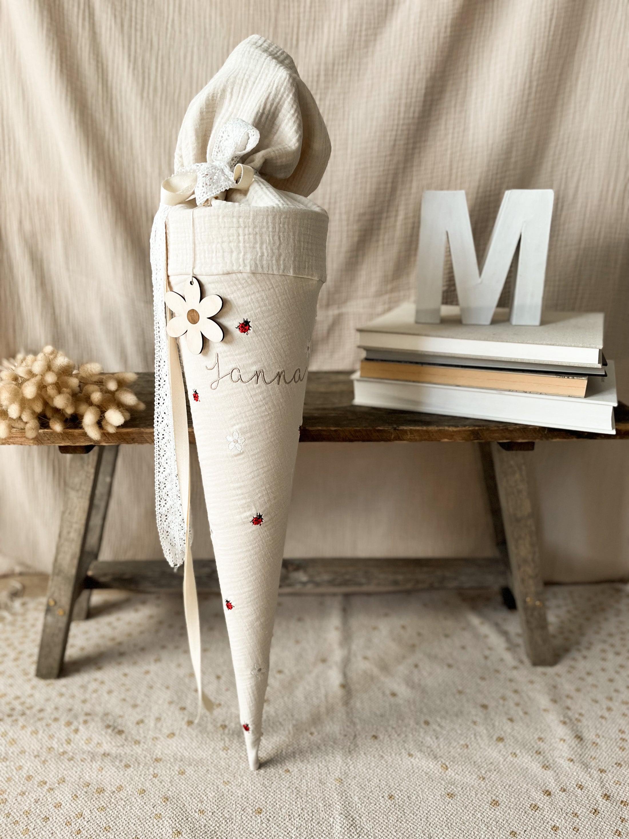 Schultüte MARIENKÄFER & DAISY | Musselin Natur | Optional mit Name