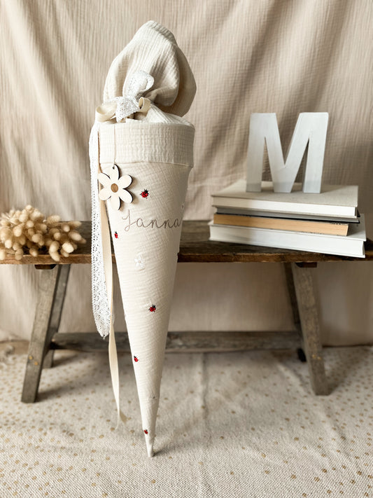 Schultüte MARIENKÄFER & DAISY | Musselin Natur | Optional mit Name