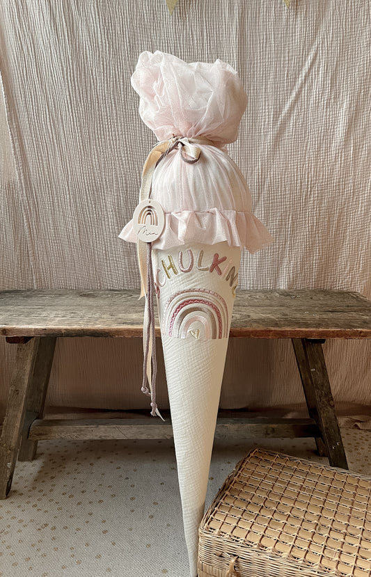 Schultüte Boho Regenbogen Stickerei mit bunter 3D Schrift | Musselin Natur & Apricot Glitzer Tüll mit Volant