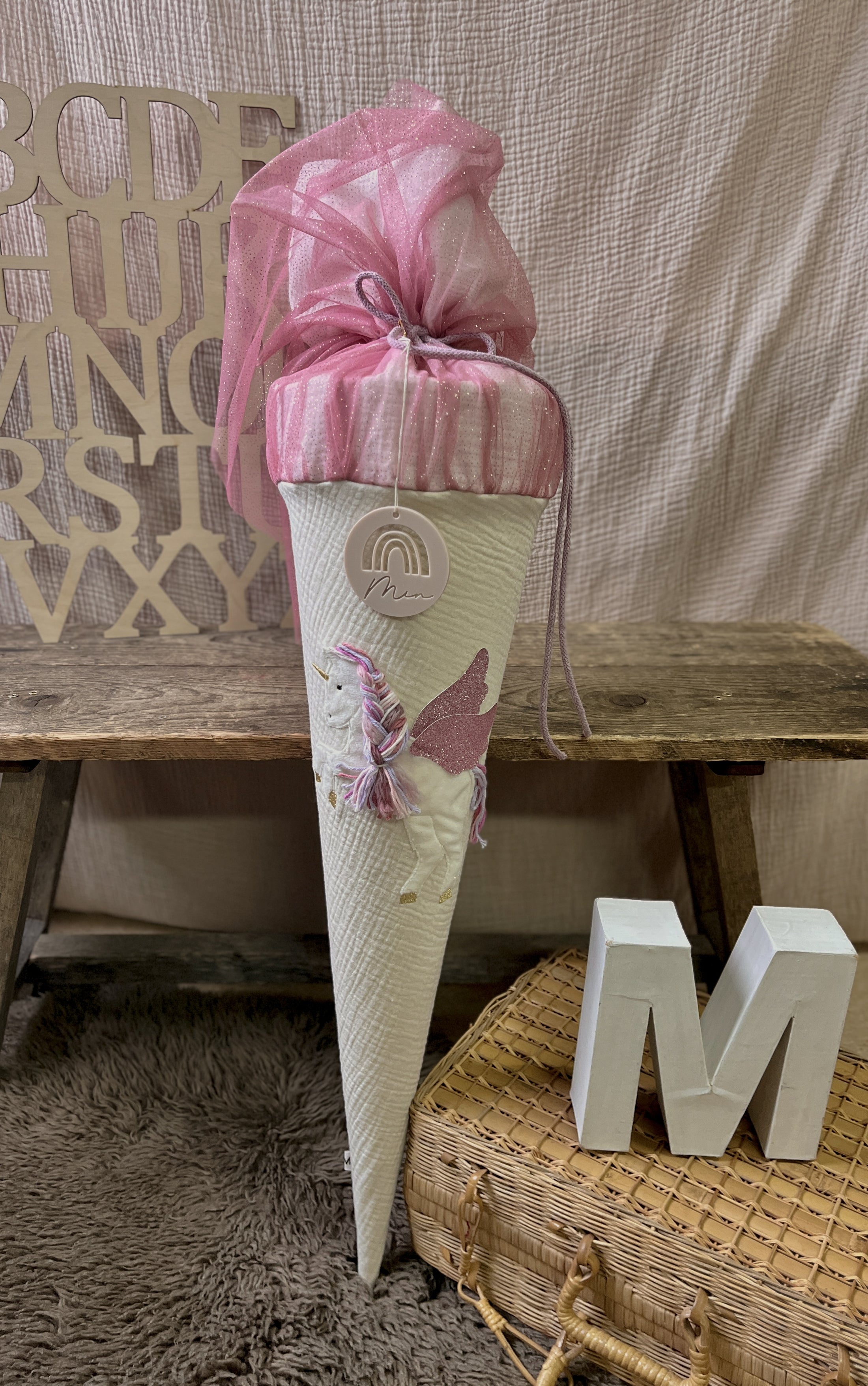 Schultüte PEGASUS Einhorn | Musselin Natur & Altrosa Glitzertüll