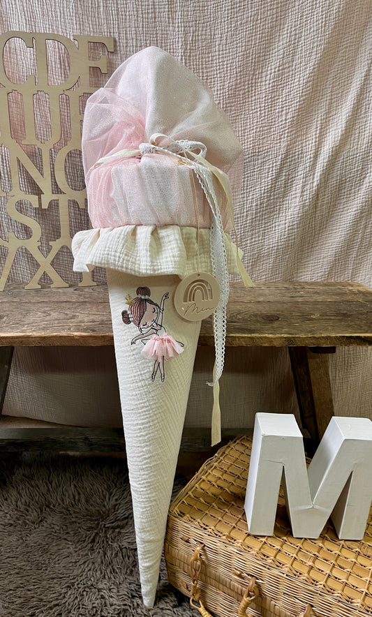 Schultüte BALLERINA Prinzessin mit Krone | Musselin Natur & Apricot Glitzer Tüll