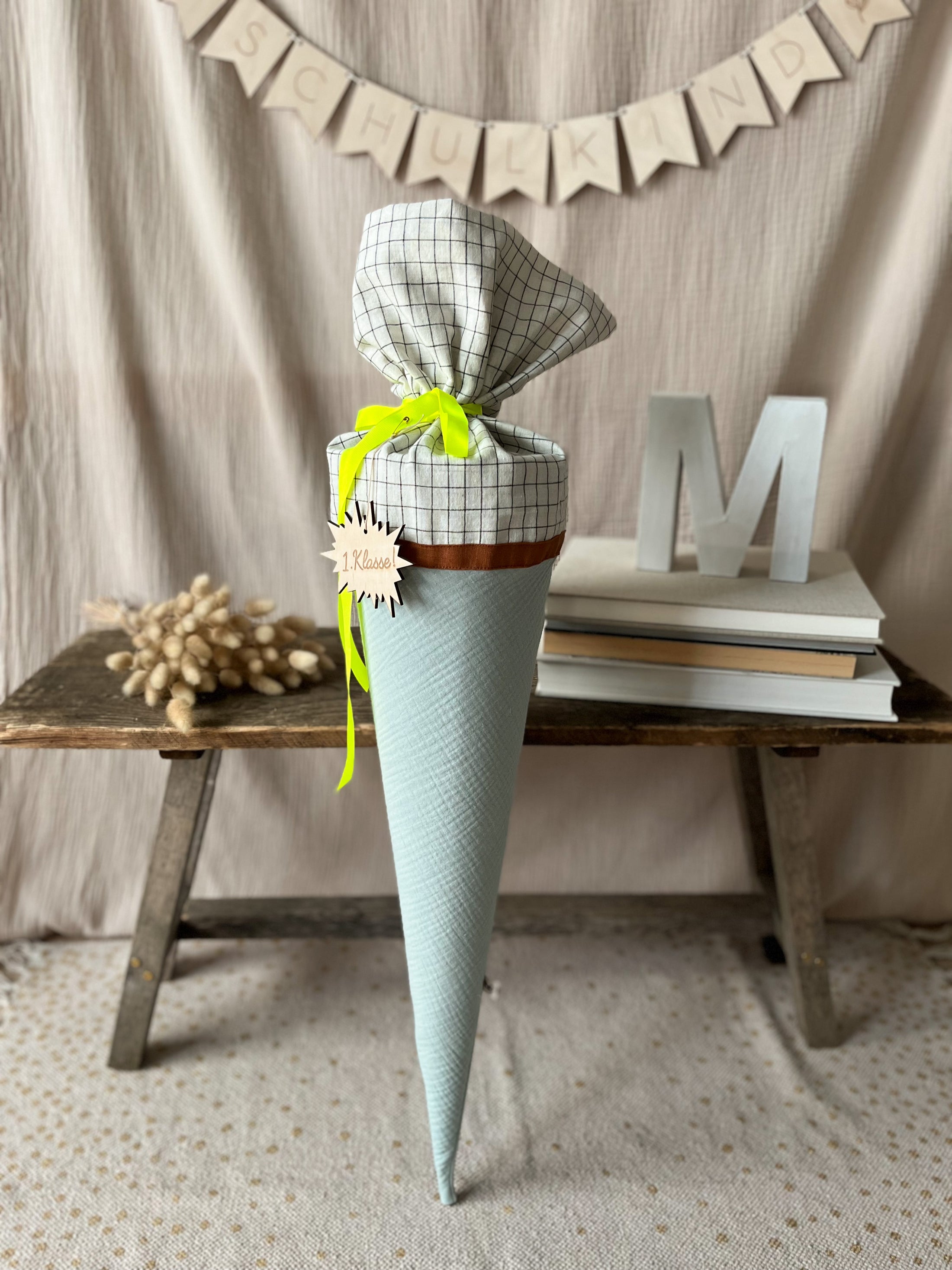 Schultüte Musselin Colourblocking Altmint / Karo