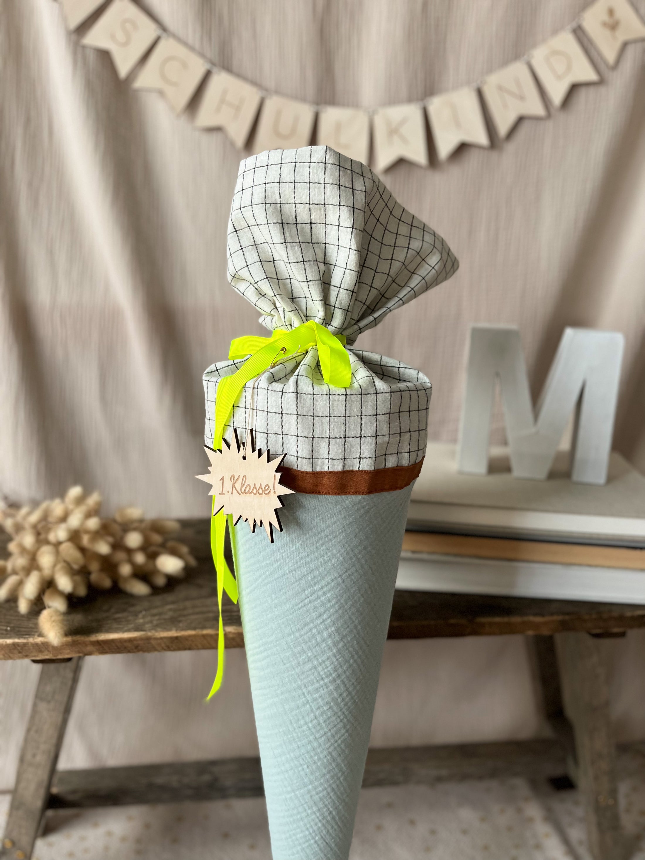 Schultüte Musselin Colourblocking Altmint / Karo