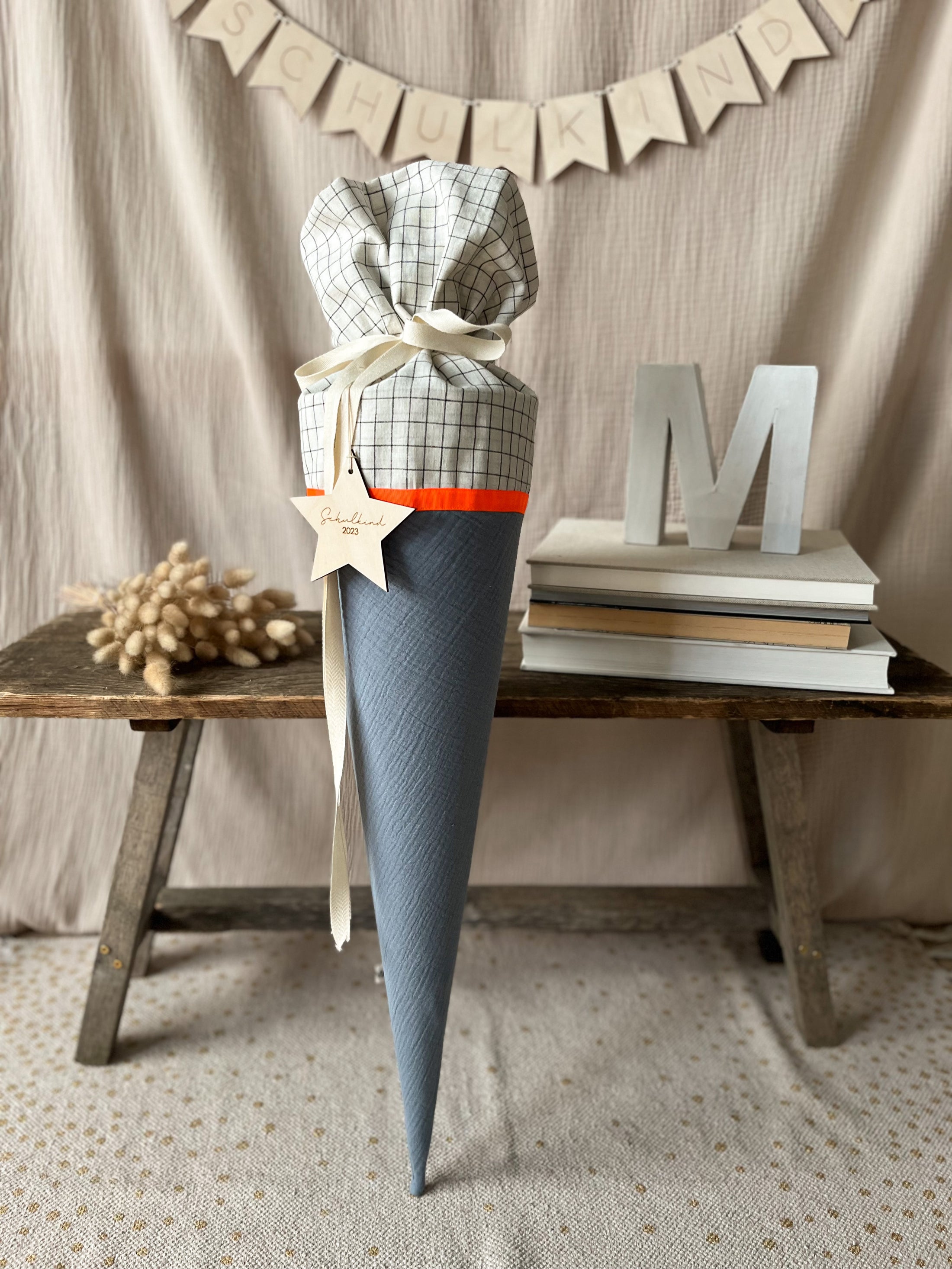 Schultüte Musselin Colour Blocking Jeansblau / Karo