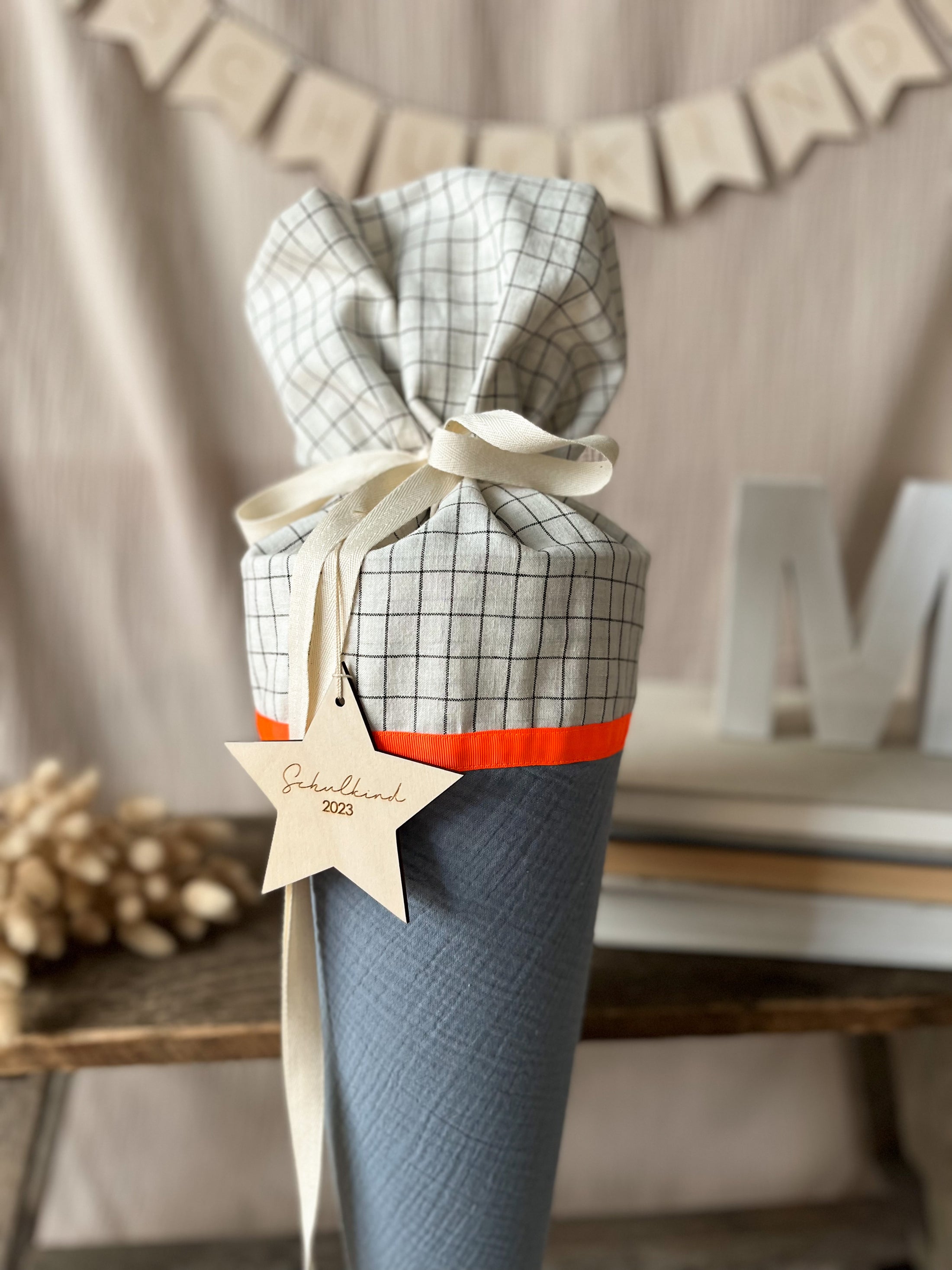 Schultüte Musselin Colour Blocking Jeansblau / Karo